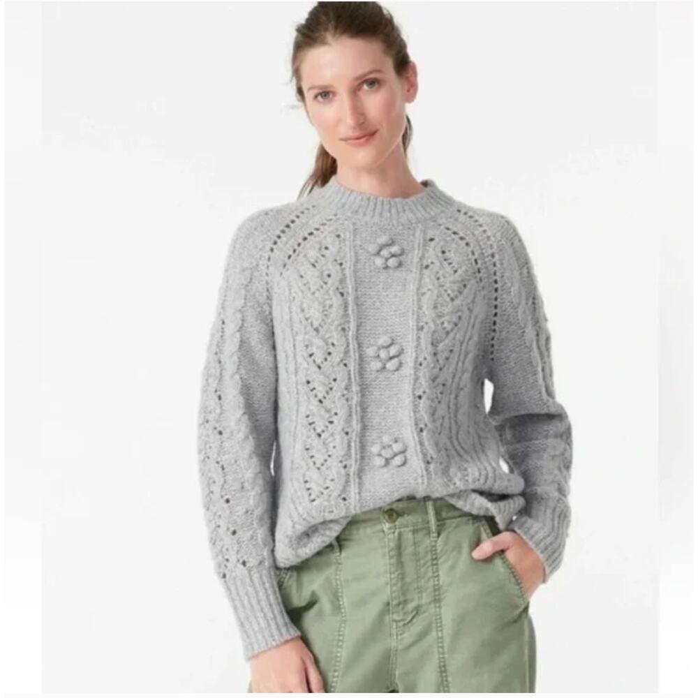 J Crew Cableknit Pointelle Sweater Popcorn Flower Gray Small